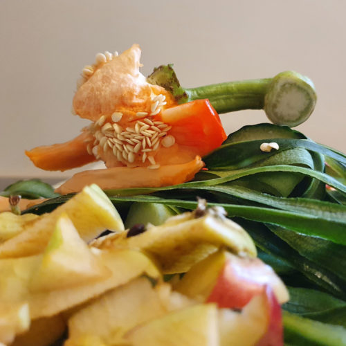 Häufchen Bioabfall aus verschiedenen Küchenabfällen wie Apfel, Gurkenschalen und dem Strunk einer Paprika.